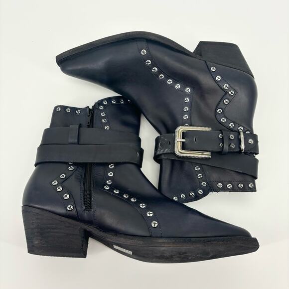 Free People Billy Western Boots Size 8.5 Buckle Studs Pointed Toe Black - Picture 9 of 13